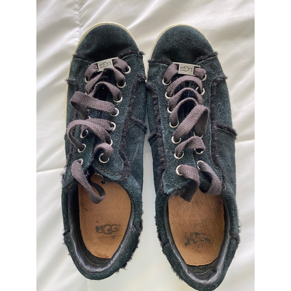 UGG Milo Spill Seam Black Suede Low Top Sneakers Shearling Fur‎ Trim Size 8
